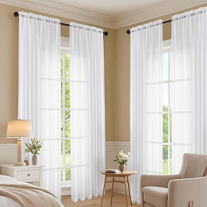 OVZME White Bedroom Curtains 2 Panel Sets 90 Inch Length, 59 Inch Extra Wide Light Filtering Light Weight Soft Window Treatment Panels for Study Room Living Room Guest Room, 59Wx90L Inches