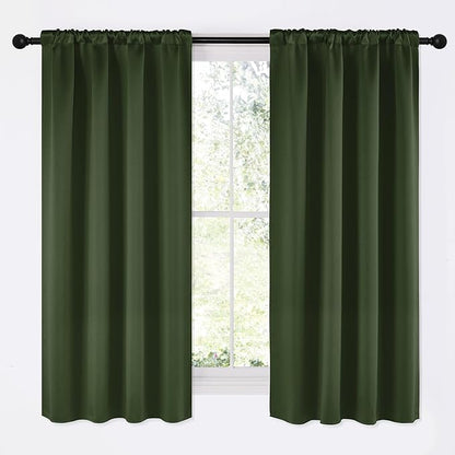 NICETOWN Dark Green Blackout Cafe Satin Curtains for Small Windows, 42" Wide by 63" Long, 2 Panels, Rod Pocket Noise Reducing Faux Silk Blackout Drapes for Dining Room