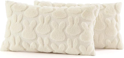 decorUhome Easter Bunny Pillow Covers 12x20 Inch Set of 2, Soft Plush Faux Wool Jacquard Beige Rabbit Cushion Covers, Farmhouse Neutral Spring Easter Holiday Decor for Couch Sofa Bed