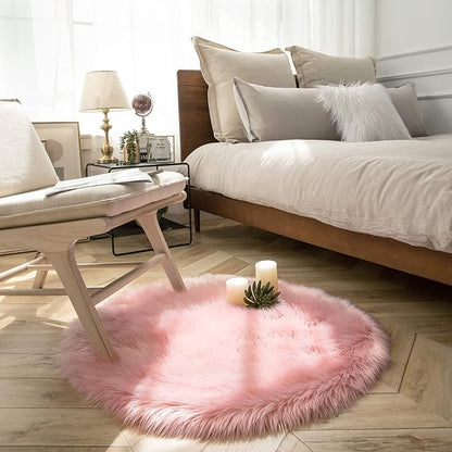 Ashler Faux Fur Rug, Pink Fluffy Shaggy Area Rug, Soft 3x3 Ft Round Sheepskin, Fuzzy Machine Washable Carpet, Nursery Rug for Kids Bedroom, Living Room