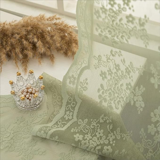 YJ YANJUN Vintage Lace Curtains 90 Inches Long-Victorian Floral Pattern Sage Green Sheer Curtains 2 Panels Embroidered Vine Tulle Voile Window Drapes Boho Aesthetic Decor 52 x 90 Inch Light Green