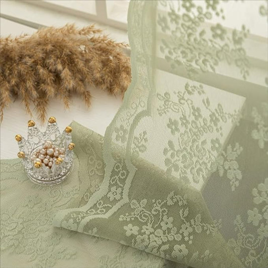 YJ YANJUN Vintage Lace Curtains 90 Inches Long-Victorian Floral Pattern Sage Green Sheer Curtains 2 Panels Embroidered Vine Tulle Voile Window Drapes Boho Aesthetic Decor 52 x 90 Inch Light Green