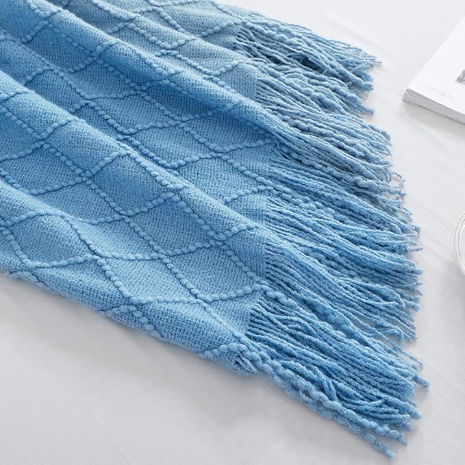 BOURINA Blue Throw Blanket 60x80 Inches Throw Textured Solid Soft Sofa Throw Couch Knitted Decorative Blanket