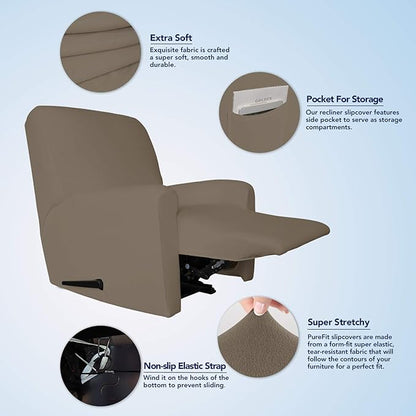 PureFit Super Stretch Chair Sofa Slipcover with Pocket – Spandex Non Slip Soft Couch Sofa Cover, Washable Furniture Protector with Elastic Bottom for Kids, Pets （Recliner, Natural）