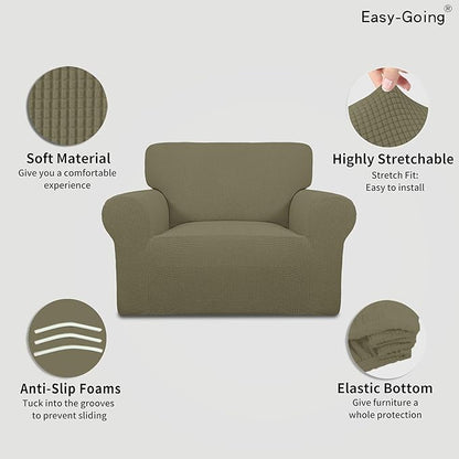 Easy-Going Stretch Oversized Chair Sofa Slipcover 1-Piece Couch Sofa Cover Furniture Protector Soft with Elastic Bottom for Kids Spandex Jacquard Fabric Small Checks Khaki