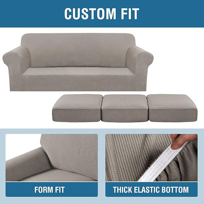 H.VERSAILTEX 4 Piece Stretch Sofa Covers for 3 Cushion Couch Covers for Living Room Furniture Slipcovers (Base Cover Plus 3 Seat Cushion Covers) Upgraded Thicker Jacquard Fabric (Sofa, Taupe)