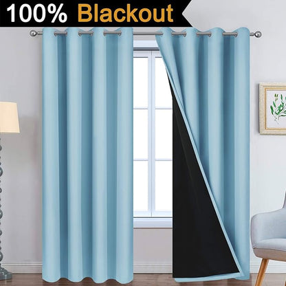 Yakamok 100% Blackout Curtains Energy Saving Thermal Insulated 2 Thick Layers Completely Blackout Drapes with Black Liner for Bedroom (52Wx96L,Sky Blue, Set of 2)