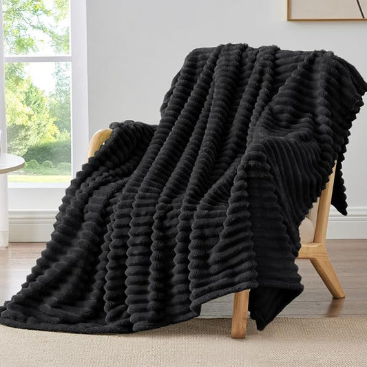 BEDELITE Fleece Black Throw Blanket for Couch - 300GSM Soft & Warm Fluffy Black Blanket, Decorative and Giftable Striped Blankets for Women, Men, 50"x60"