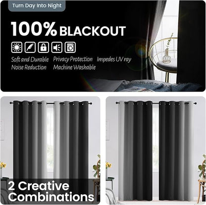 SimpleHome Ombre 100% Blackout Curtains for Bedroom 84 Inches Long, Black with White Liner Room Darkening Thermal Insulated Grommet Curtain/Drapes for Living Room,2 Panels Set