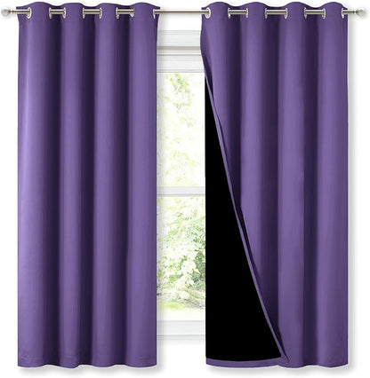 NICETOWN 100% Blackout Curtains with Black Liners, Thermal Insulated Full Blackout 2-Layer Lined Drapes, Energy Efficiency Window Draperies for Bedroom (Lilac Purple, 2 Panels, 52-inch W by 63-inch L)