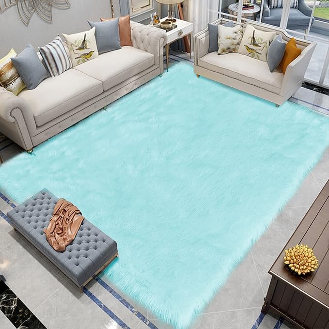 Latepis Big Rugs for Bedroom Teal 6.7x10 Area Rug Light Blue Faux Sheepskin Fur Rug Washable Soft Fluffy Rugs for Living Room Sofa Floor Luxury Home Decor
