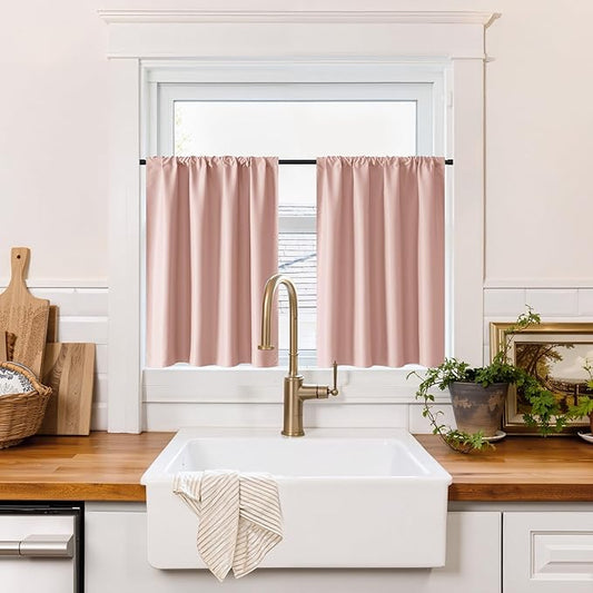 RYB HOME 100% Blackout Basement Curtains 24 inches Long, Heat & UV Blocking Total Room Darkening Noise Reducing Curtains for Bathroom RV Campers, Peach Pink, 2 Panels Set