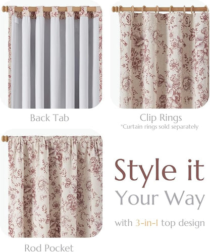 jinchan Blackout Floral Curtains for Living Room Bedroom Linen Blend Curtain Farmhouse Brick Red Printed with Lined Back Tab Rod Pocket Drapes Window Treatments 2 Panels 90 Inch