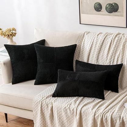 MIULEE Black Decorative Lumbar Throw Pillow Covers 12x20 Inch for Couch Bed Sofa Pack of 2 Boho Farmhouse Throw Pillows Soft Cross Corduroy Patchwork Textured Cushion Cases