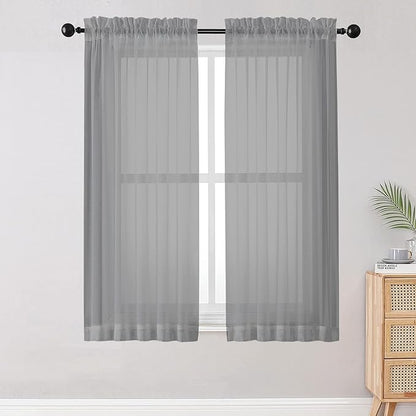 OWENIE Sheer Curtains Living Room 54 inches Long, Rod Pocket Curtain Sheers Bedroom, Light Filtering Voile Panels Drapes Small Window Treatments 2 Panels, 42" W x 54" L, Grey