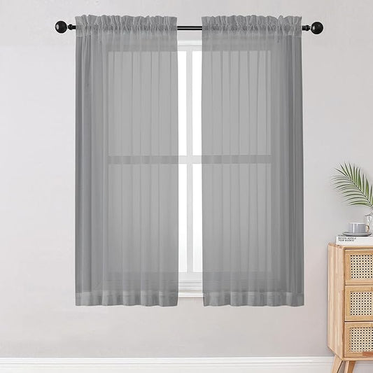 OWENIE Sheer Curtains Living Room 54 inches Long, Rod Pocket Curtain Sheers Bedroom, Light Filtering Voile Panels Drapes Small Window Treatments 2 Panels, 42" W x 54" L, Grey