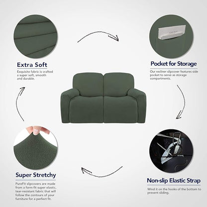 PureFit Super Stretch Loveseat Recliner Sofa Couch Cover with Pocket – 2 Seats Non Slip Soft Sofa Slipcover, Washable Reclining Furniture Protector for Pets (Recliner Loveseat, Grayish Green)