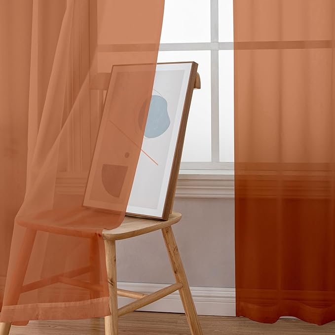 Simplebrand Orange Sheer Curtains 63 Inch Length 2 Panels, Rod Pocket Solid Color Window Sheer Curtain Panels, Elegant Curtains & Drapes for Living Room, Bedroom (42" W x 63" L)