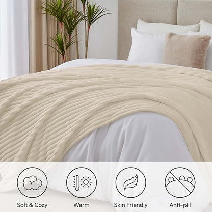 BEDELITE King Size Blanket for Bed, 300GSM Soft & Warm Fleece Blanket, Decorative and Giftable Striped Beige Blankets for Women, Men, 108"x90"