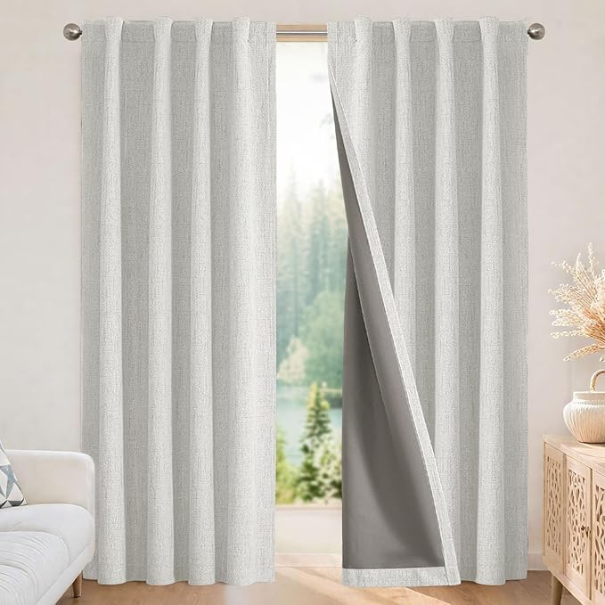 Joydeco Linen Blackout Curtains for Bedroom - 100% Light Blocking 1 Panels, White Drapes 70" W x 90" L, Thermal Insulated Room Darkening Curtains for Living Room, Rod Pocket & Back Tabs