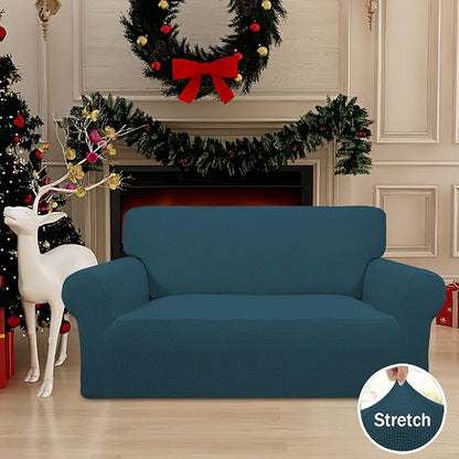 Easy-Going Stretch Loveseat Slipcover 1-Piece Sofa Cover Furniture Protector Couch Soft with Elastic Bottom for Kids Polyester Spandex Jacquard Fabric Small Checks (Loveseat, Deep Teal)