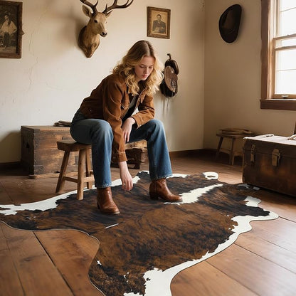 AROGAN Western Decor Faux Fur Cowhide Rug, 6.2x7 Feet Premium Animal Skin Cow Hide Rug, Sturdy Cow Print Rugs for Wall Decor, Western Floor Carpet for Bedroom Living Room, Black and Brown