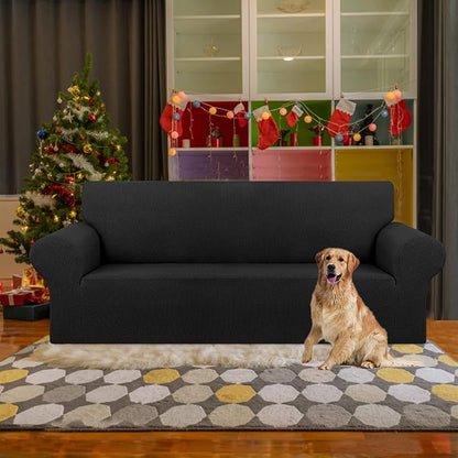 KEKUOU Stretch Sofa Cover Slipcover ，Couch Covers for 3 Cushion Couch Sofa pet Friendly (78"-94") Furniture Protector Sofa with Elastic Bottom for Kids,Dog, Jacquard Small Checked(Large,Black)