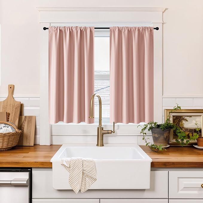 RYB HOME 100% Blackout Short Curtains for Small Window, Thermal Insulated Total Room Darkening Noise Reducing Curtains for Kitchen Bathroom Basement, 34 inches Wide by 45 inches Long, Peach Pink