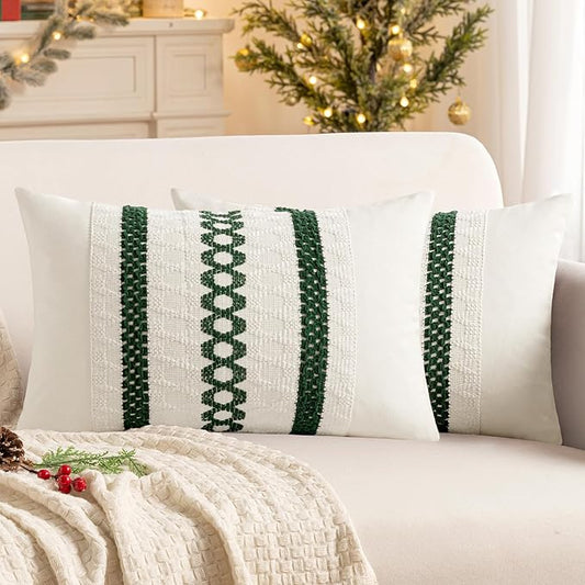 MIULEE Set of 2 Dark Green Boho Christmas Decorative Lumbar Pillow Covers 12x20 Inch Farmhouse Rustic Couch Throw Pillows Modern Cotton Cushion Cover Retro Macrame Woven Home Decor for Bed Sofa Chair