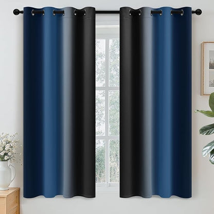 Yakamok Blackout Ombre Dark Blue and Black Curtains for Bedroom, Gradient Room Darkening Curtains, Grommet Thermal Insulated Light Blocking Window Drapes/Curtain for Living Room,52 x 54 Inch,2 Panels