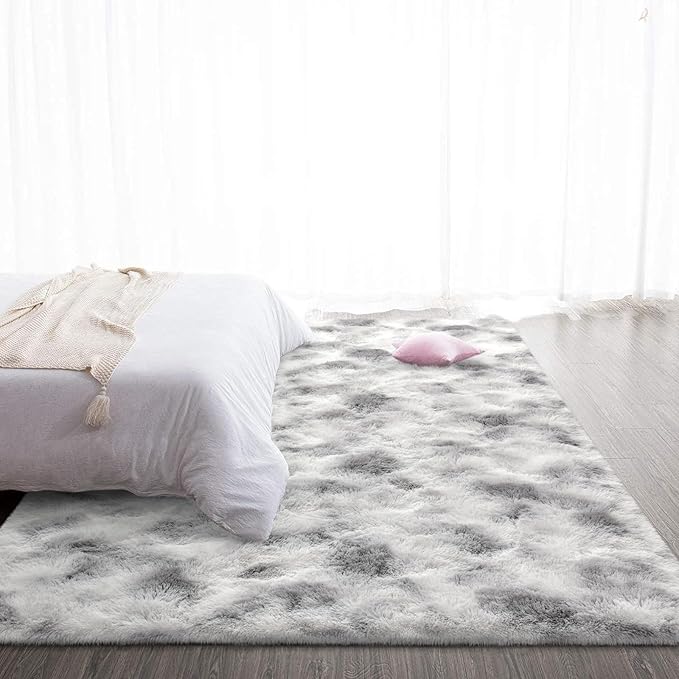 TWINNIS Super Soft Shaggy Rugs Fluffy Carpets 8x10 Feet, Indoor Modern Plush Area Rugs for Living Room Bedroom Kids Room Nursery Home Decor, Upgrade Anti-Skid Fuzzy Rug, Grey and White