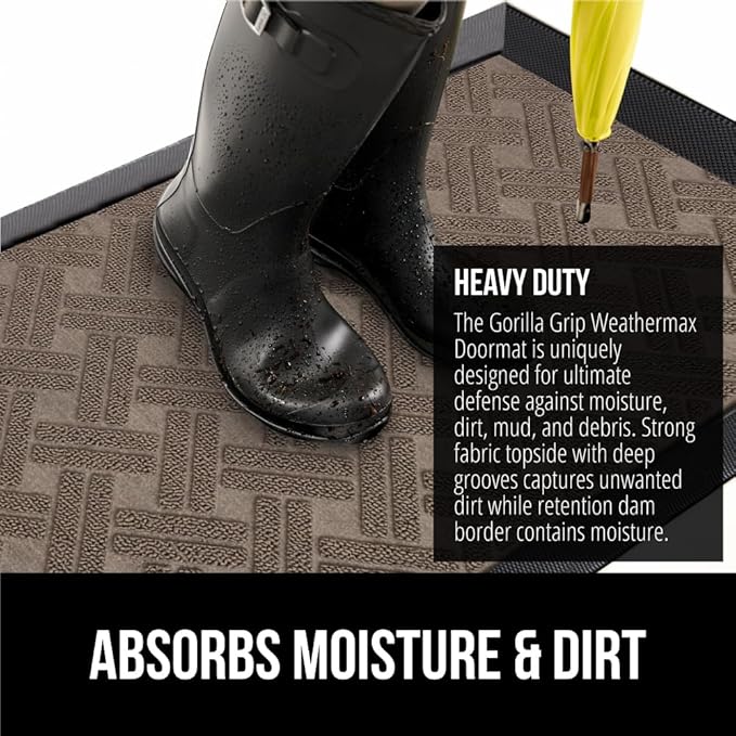 GORILLA GRIP 100% Waterproof All-Season WeatherMAX Doormat, US Designed Natural Rubber, Stain and Fade Resistant, Low Profile Indoor Outdoor Door Mats, Easy Clean Patio Mat, 29x17, Taupe Basket Weave