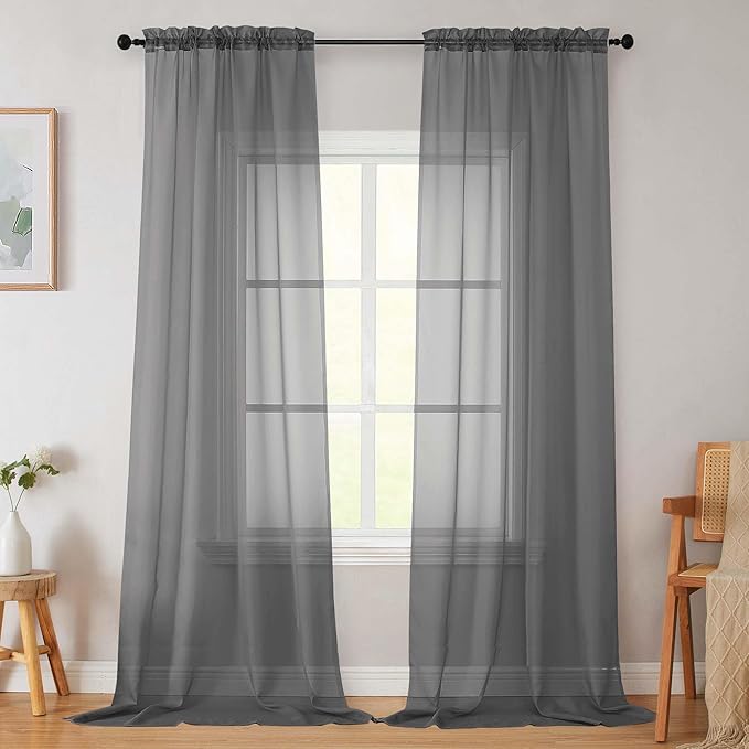 Grey Sheer Curtains for Bedroom Living Room 96 Inches Long 2 Panels, Modern Airy Soft Lightweight Rod Pocket Light Filtering Sheer Curtains Drapes, Grey, Each 42" Wx96 L Inch