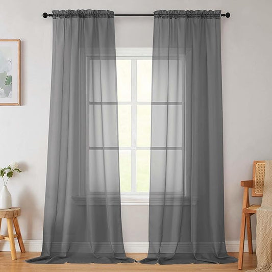 Grey Sheer Curtains for Bedroom Living Room 96 Inches Long 2 Panels, Modern Airy Soft Lightweight Rod Pocket Light Filtering Sheer Curtains Drapes, Grey, Each 42" Wx96 L Inch