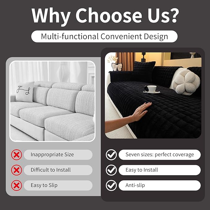 Velvet Couch Cover, Plush Sectional Sofa Cover Washable, Anti Slip Sofa Slipcover for 3-4 Cushions Sofas, Furniture Protector Covers for Pets & Kids(1PC, Black, 35.4"×82.6", 3-4 Seater)