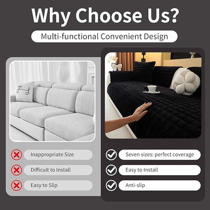 Velvet Couch Cover, Plush Sectional Sofa Cover Washable, Anti Slip Sofa Slipcover for Armrest & Backrest, Furniture Protector Covers for Pets & Kids(1PC, Black, 35.4"×35.4", Single Seater)
