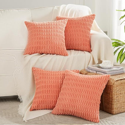 Fancy Homi 4 Packs Boho Coral Decorative Throw Pillow Covers 20x20 Inch for Living Room Couch Bed Sofa, Rustic Modern Farmhouse Home Decor, Soft Plush Corduroy Square Peach Cute Cushion Case 50x50 cm