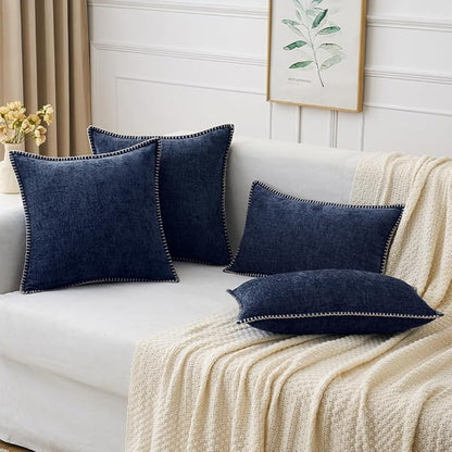 MIULEE Pack of 2 Couch Throw Pillow Covers 18x18 Inch Navy Blue Farmhouse Decorative Pillow Covers with Stitched Edge Soft Chenille Solid Dyed Spring Pillow Covers for Sofa Bed Living Room