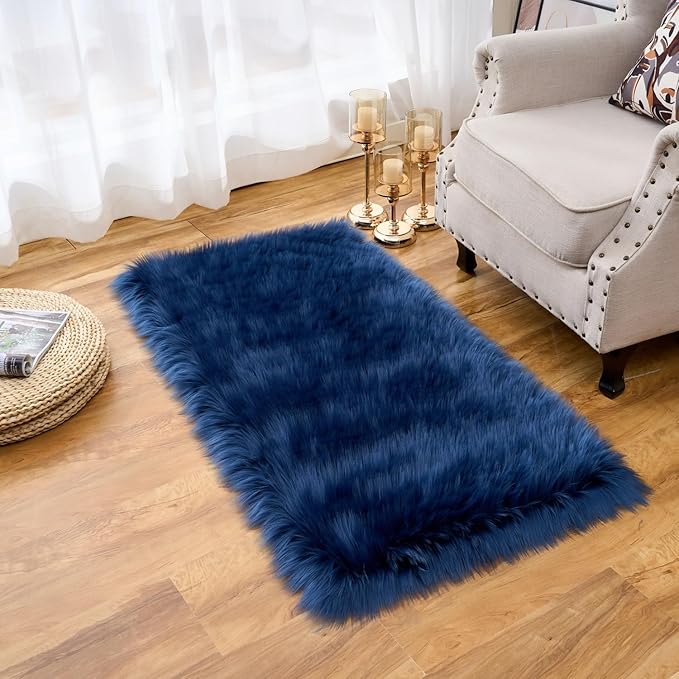 EasyJoy Ultra Soft Fluffy Shaggy Area Rug Faux Fur Rug Chair Cover Seat Pad Fuzzy Area Rug for Bedroom Floor Sofa Living Room (2 x 4 ft Rectangle, Dark Blue)
