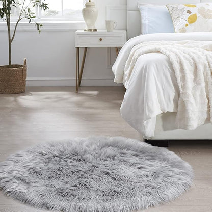 Ciicool Grey Fluffy Round Fur Area Rug for Bedroom, Circle Faux Fur Rugs for Kids Room, Cute Fuzzy Nursery Carpet, Shaggy Circular Rugs Floor Carpets for Teens Girls Rooms Home Decor, 4 x 4 Feet