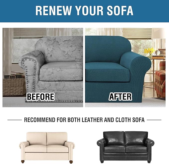 H.VERSAILTEX 3 Piece Stretch Sofa Covers for 2 Cushion Loveseat Couch Covers for Living Room Sofa Slipcovers (Base Cover Plus 2 Seat Cushion Covers) Thicker Jacquard Fabric(Medium Sofa, Deep Teal)