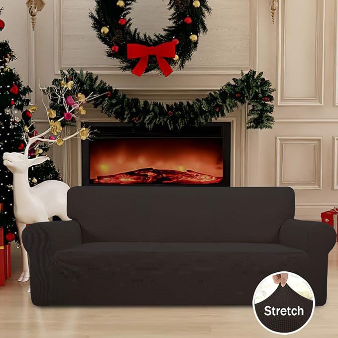 Easy-Going Stretch Sofa Slipcover 1-Piece Sofa Cover Furniture Protector Couch Soft with Elastic Bottom for Kids, Polyester Spandex Jacquard Fabric Small Checks (Sofa, Chocolate)