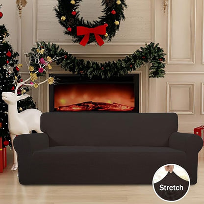 Easy-Going Stretch Sofa Slipcover 1-Piece Sofa Cover Furniture Protector Couch Soft with Elastic Bottom for Kids, Polyester Spandex Jacquard Fabric Small Checks (Sofa, Chocolate)