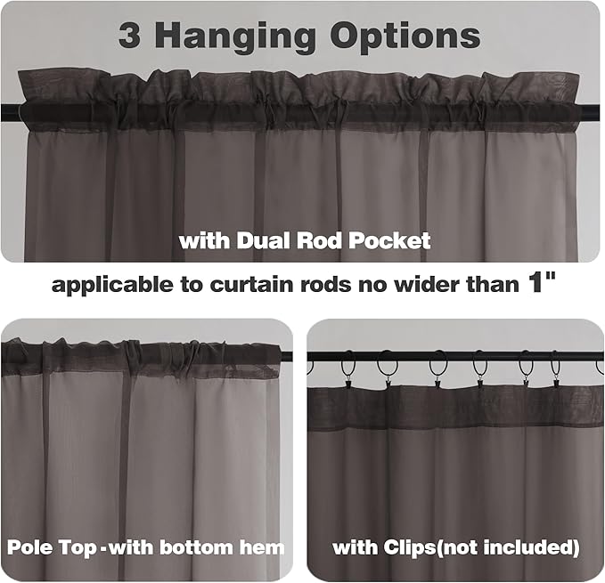 Chyhomenyc Sheer Valances for Windows 2 Pieces, 42Wx14L Inches Brown Small Window Valance for Living Room Bathroom Cafe Laundry Basement, Elegant Chocolate Rod Pocket Voile Valance