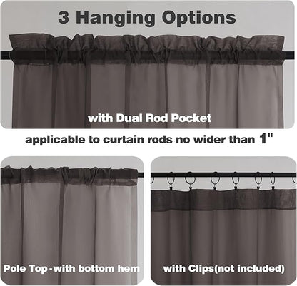 Chyhomenyc Chocolate Brown Sheer Curtains 54 Inch Long 2 Panels, Light Filtering Rod Pocket Voile Short Curtains Drapes for Living Room Bedroom Small Windows, 42Wx54L Inches