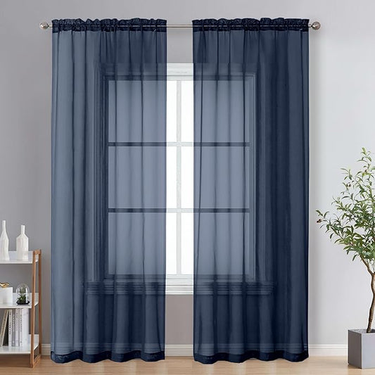 OVZME 2 Panels Sheer Window Curtain Panels 96" Length for Bedroom, Top Rod Pocket Design Window Treatment for Living Room, 42W x 96L inches, Navy Blue