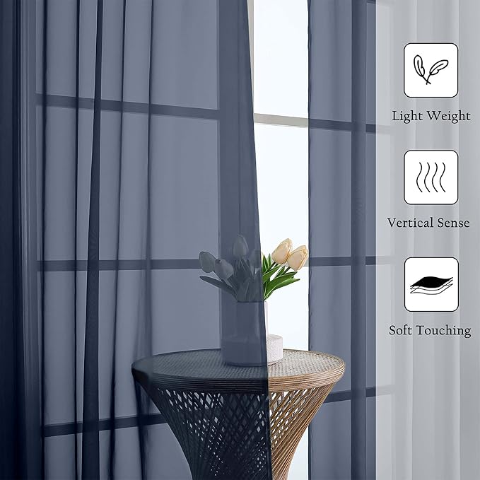 Lecloud Navy Blue Sheer Curtains 63 Inch Length 2 Panels, Rod Pockets Window Treatments Light Filtering Bedroom Curtains for Living Room, Soft Home Drapes for Bathroom, Each Panel 59" W x 63" L
