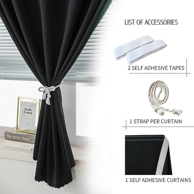 Adhesive Blackout Curtains- Self Stick Curtain No Rod Needed Easy to Hang Curtain, Use for Bedroom, Living Room, Dining Room, Kitchen, 47" W X 84" L, Black, 1 Panel