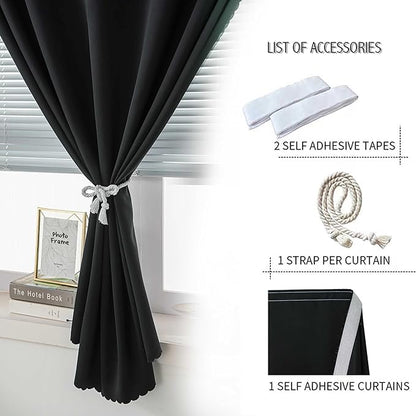 Adhesive Blackout Curtains- Self Stick Curtain No Rod Needed Easy to Hang Curtain, Use for Bedroom, Living Room, Dining Room, Kitchen, 47" W X 84" L, Black, 1 Panel
