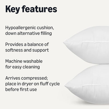 Amazon Basics Square Hypoallergenic Pillow Insert, Down Alternative Fiberfill, Sofa Bed Couch Decorative Stuffer, 18", 2-Pack